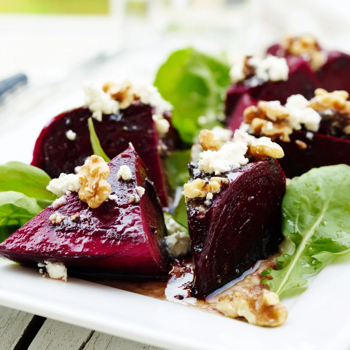 Roasted beet salad with walnuts and feta served on a platter with vibrant red wedges and crumbled cheese.