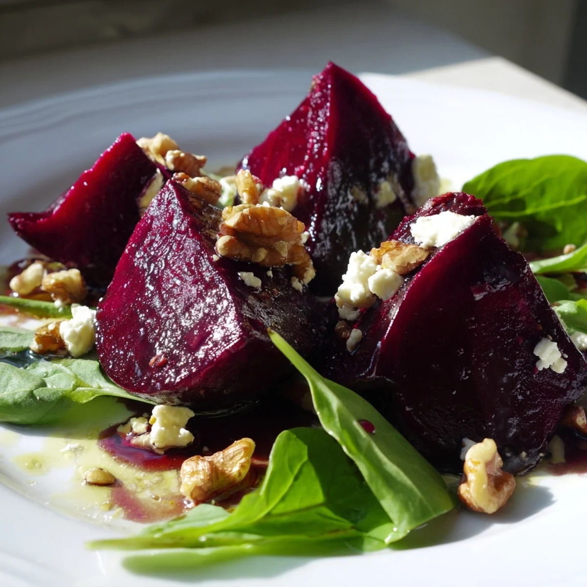 Colorful roasted beet salad with feta, walnuts, and mixed greens, dressed in balsamic vinaigrette on a white plate.