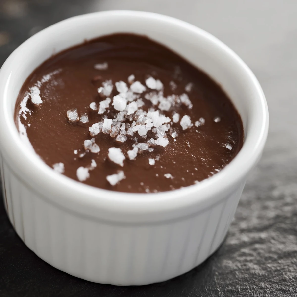 Creamy vegan dark chocolate avocado mousse layered in a glass, topped with flaky sea salt and fresh berries for an elegant dessert.  