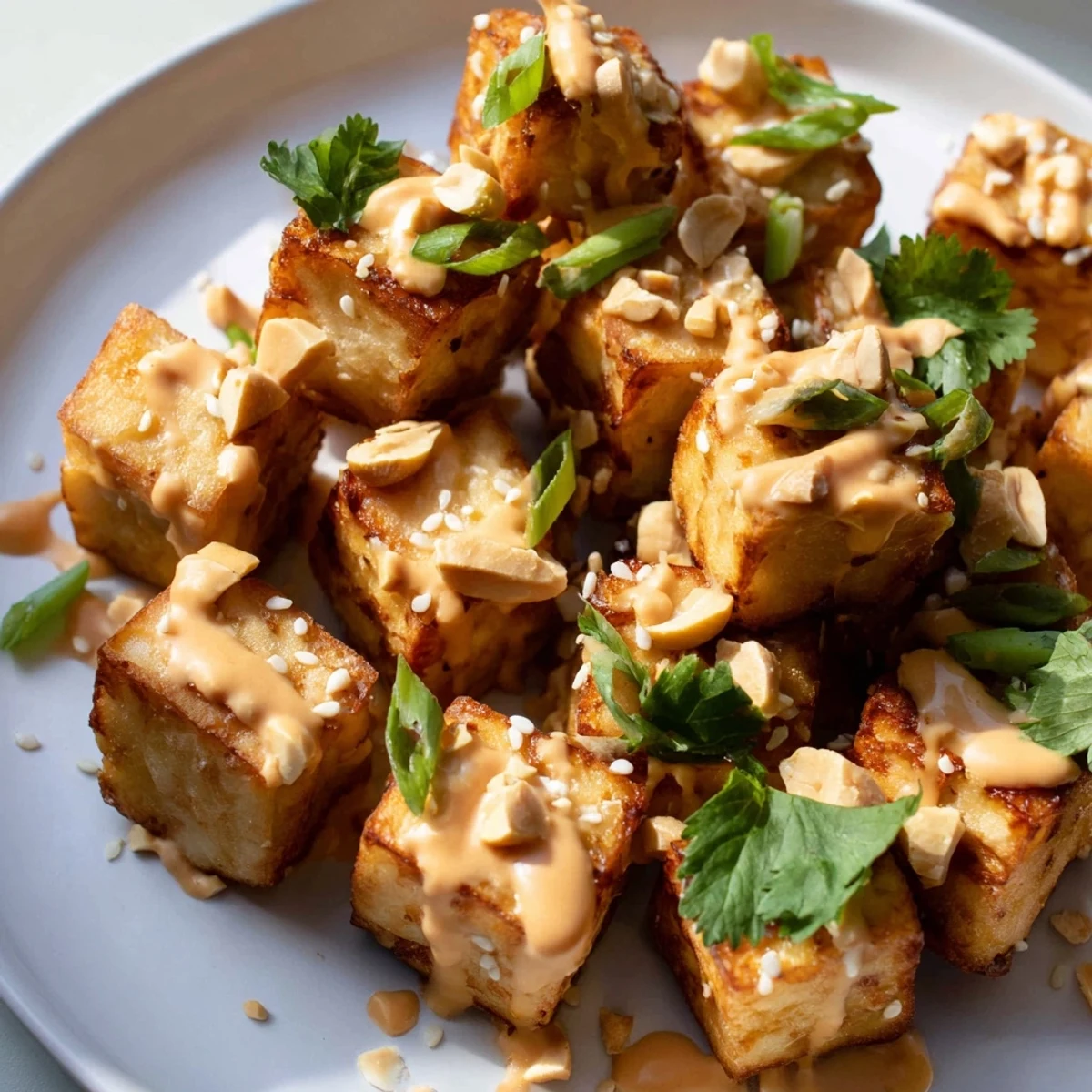 Air fried tofu cubes with creamy peanut sauce drizzled over steamed rice for a protein packed meal.