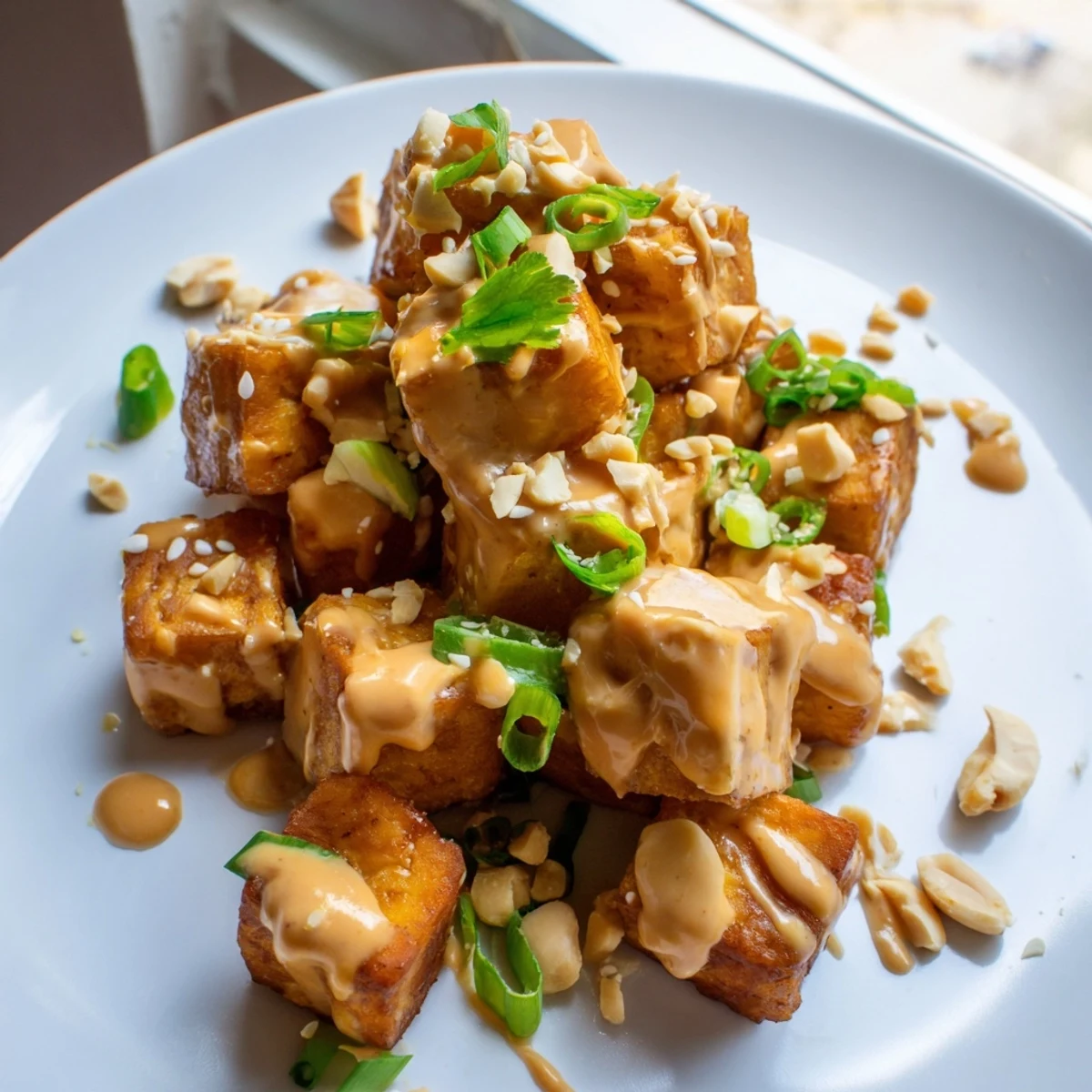 Close up view of extra firm tofu coated in cornstarch, served with a savory peanut dipping sauce.