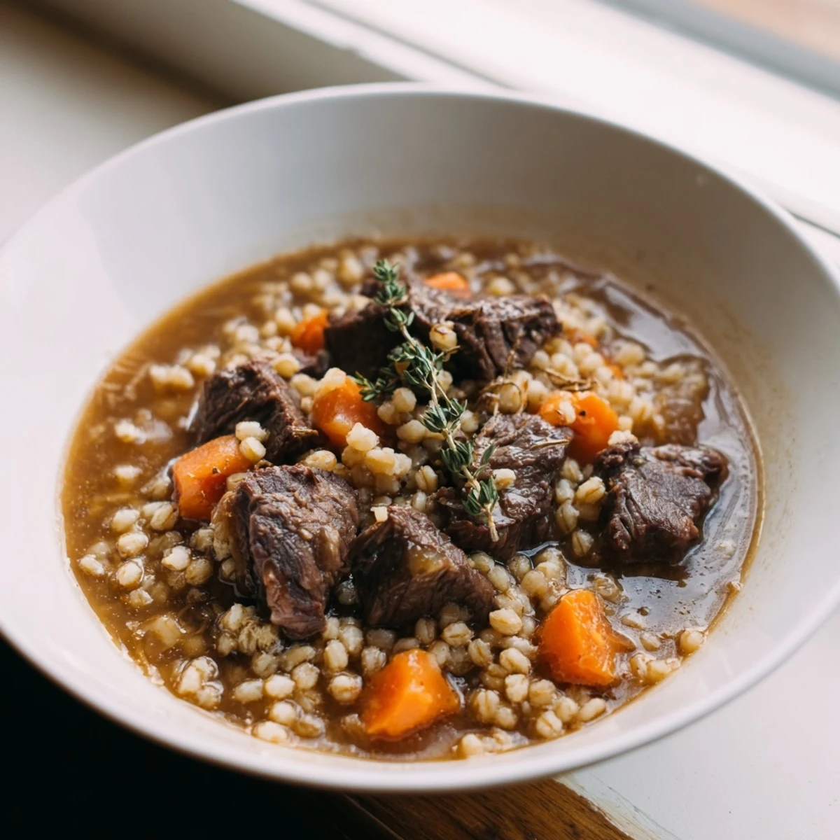 Steaming Beef and Barley Stew with Thyme and Carrots ladled from a Dutch oven, featuring tender beef chunks and sweet carrots.  