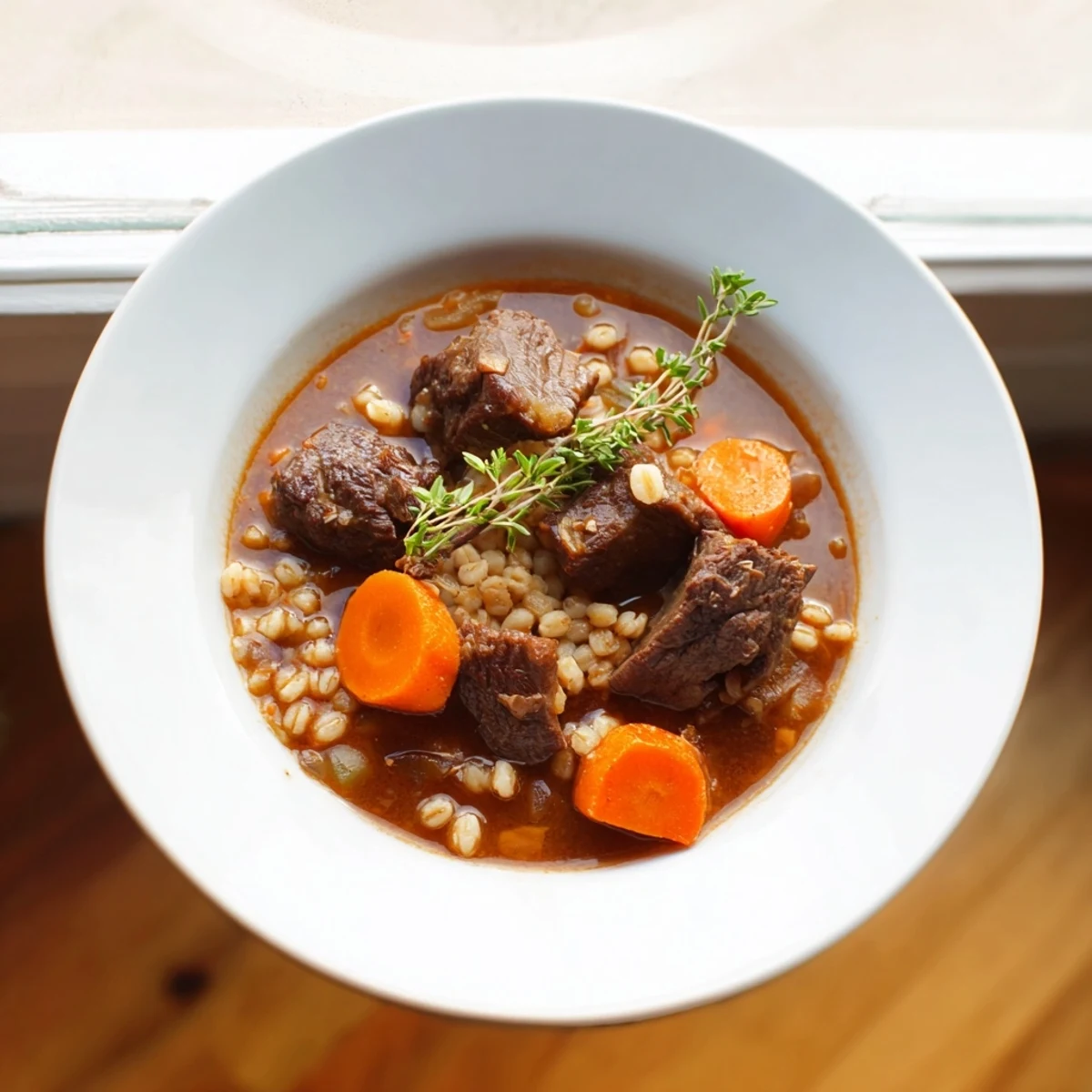 A close-up of hearty Beef and Barley Stew with Thyme and Carrots in a rustic bowl, garnished with fresh parsley.  