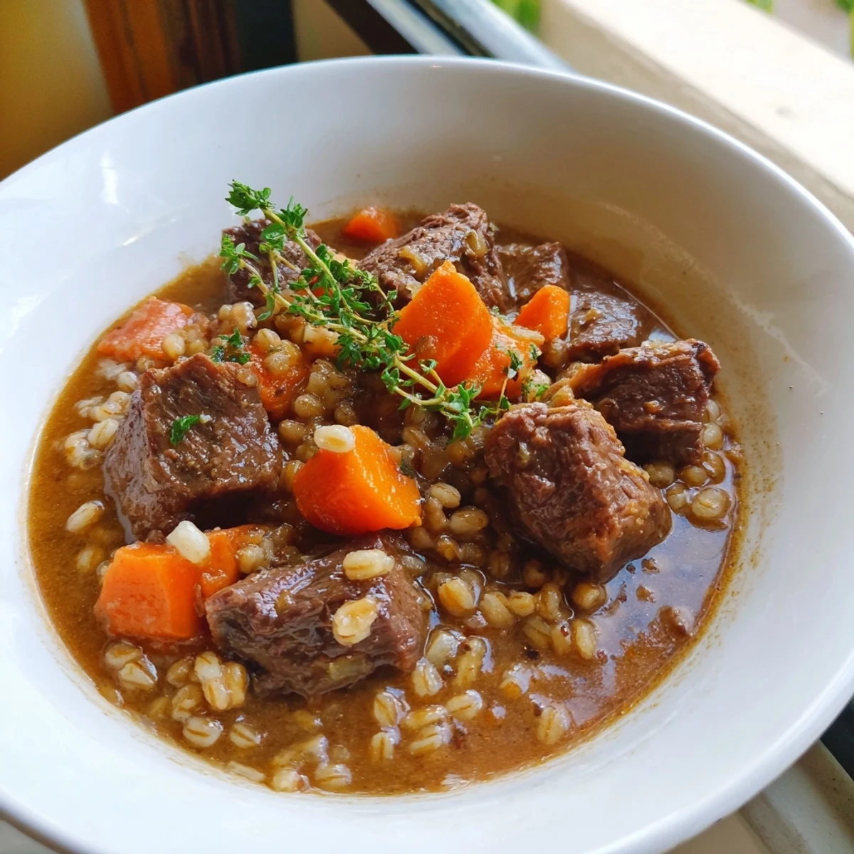 A rustic pot of simmering Beef and Barley Stew with Thyme and Carrots, revealing a rich, savory broth and golden barley.