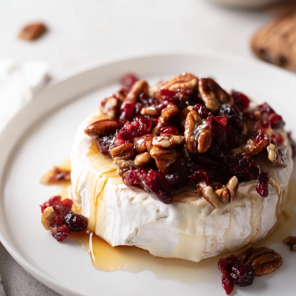 A warm, gooey wheel of Baked Brie with Cranberry and Pecan Topping, bubbling on a wooden serving board.