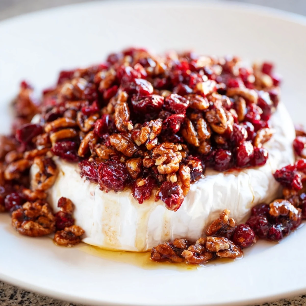 Festive Baked Brie with Cranberry and Pecan Topping, topped with toasted pecans and sweet-tart cranberry sauce.