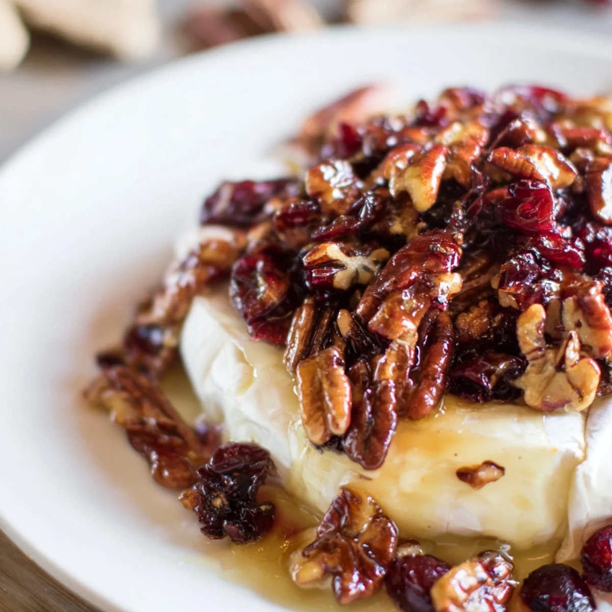 Melting Baked Brie with Cranberry and Pecan Topping, paired with apple slices and crackers for dipping.