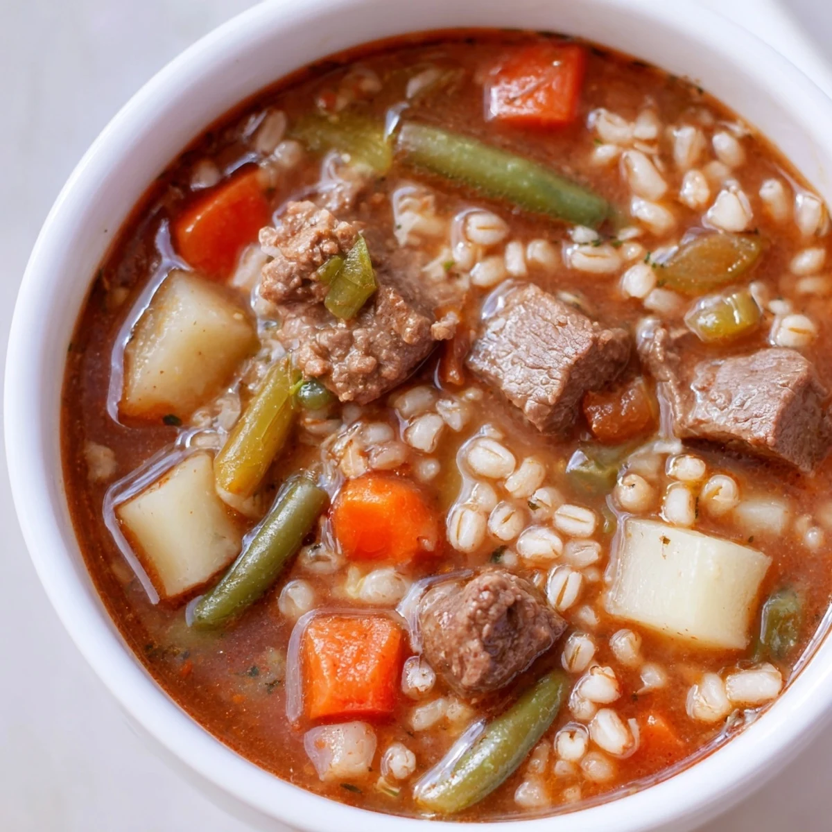 A close-up of Hearty Beef and Barley Vegetable Soup in a rustic bowl, featuring tender chunks of beef, diced carrots, and green peas in a rich broth.