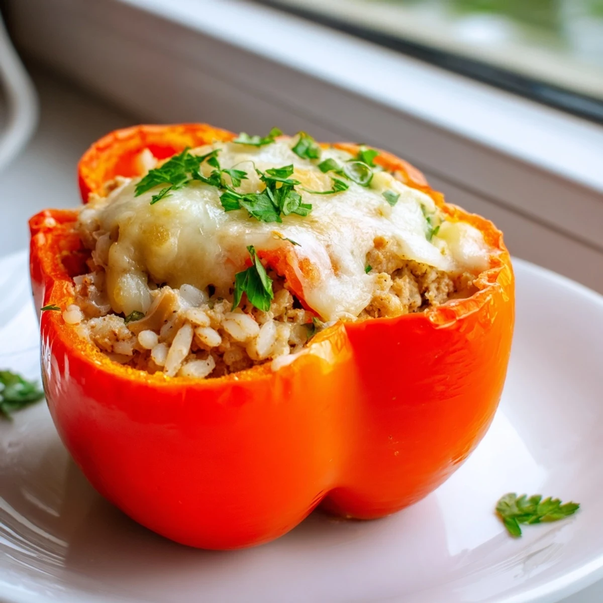 Four colorful bell peppers filled with seasoned ground turkey and rice, topped with melted mozzarella and baked until golden, served as a hearty main dish.