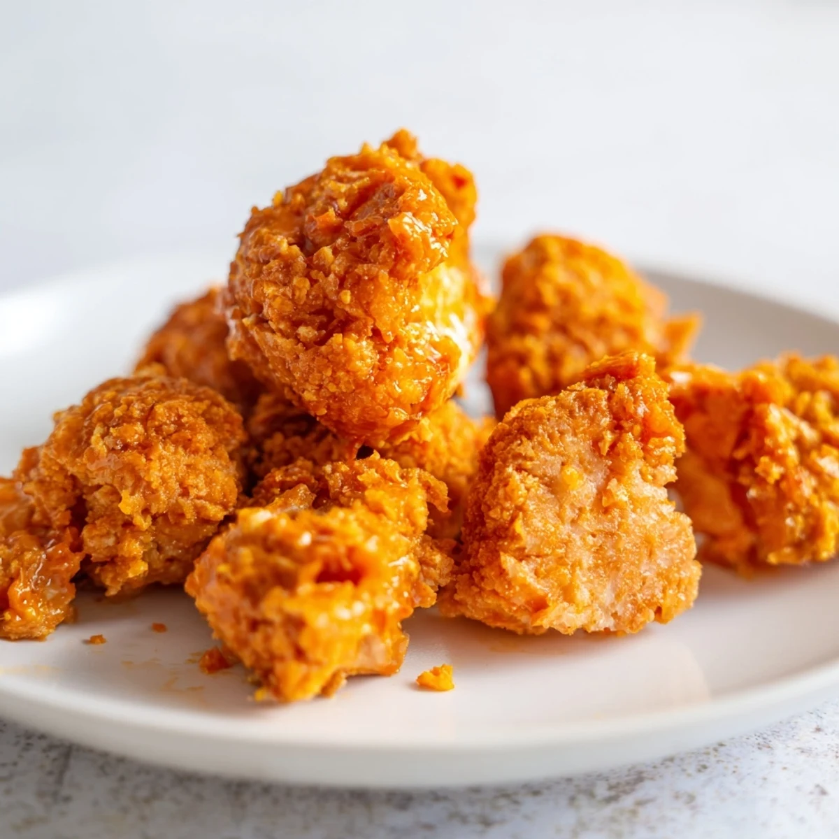 Crispy Air Fryer Buffalo Cauliflower Bites piled high on a platter, tossed in tangy buffalo sauce with cool celery sticks.  