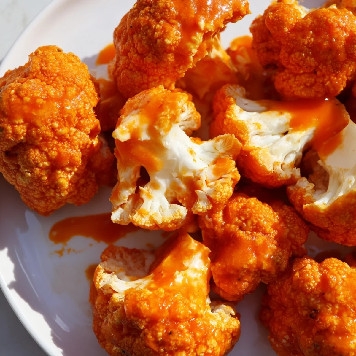 Golden, crunchy Crispy Air Fryer Buffalo Cauliflower Bites with ranch dip, a spicy vegetarian game day appetizer.  