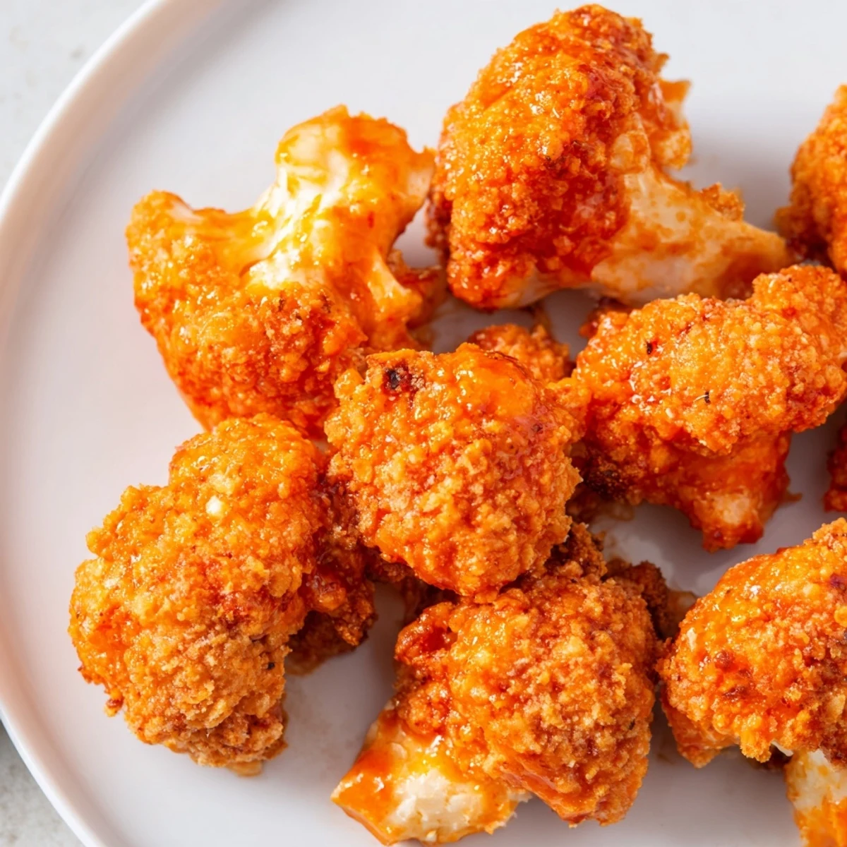 Freshly made Crispy Air Fryer Buffalo Cauliflower Bites served with blue cheese dressing and carrot sticks for dipping.