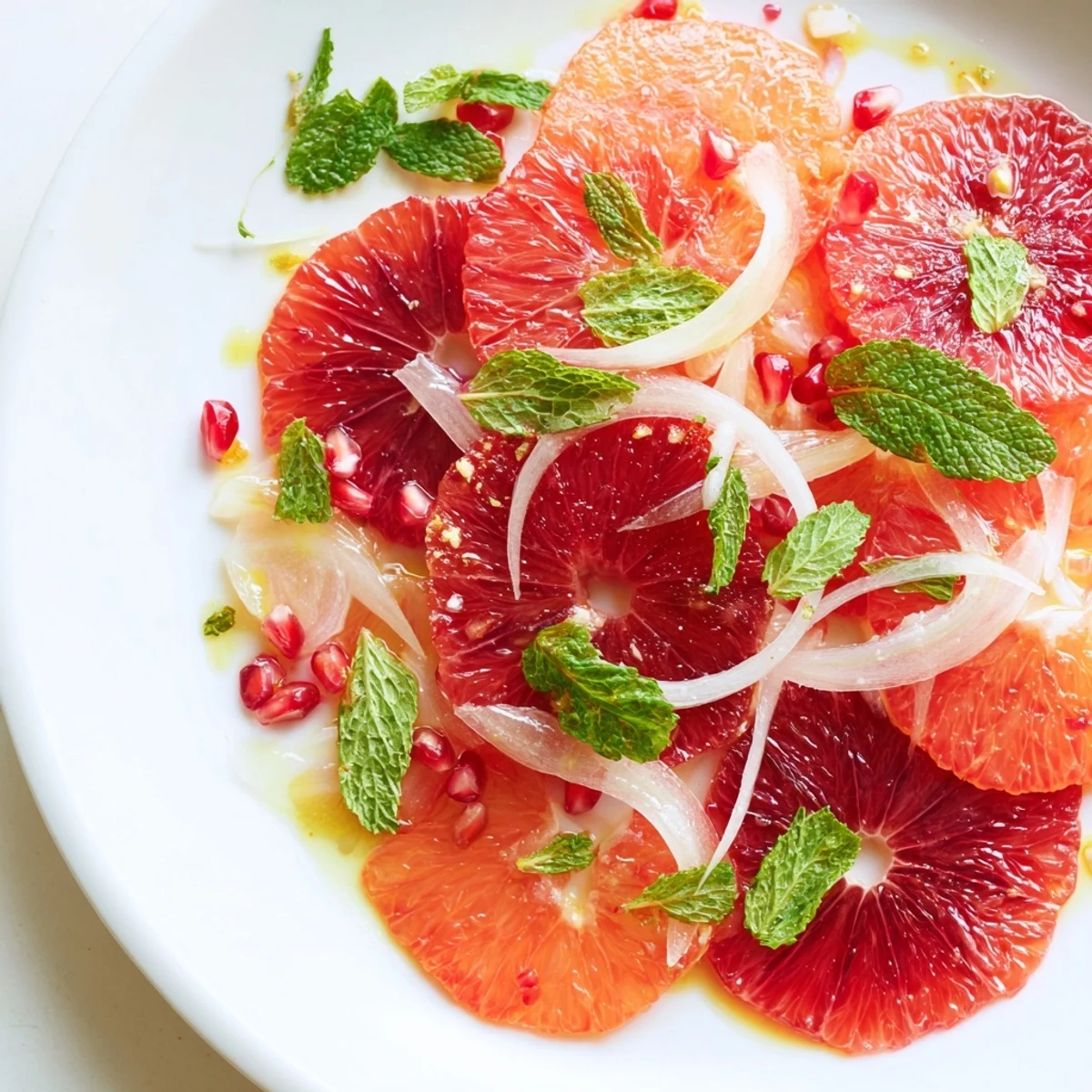 Vibrant Winter Citrus Salad with Blood Orange and Fennel arranged with bright red pomegranate seeds and fresh mint on a rustic wooden platter.