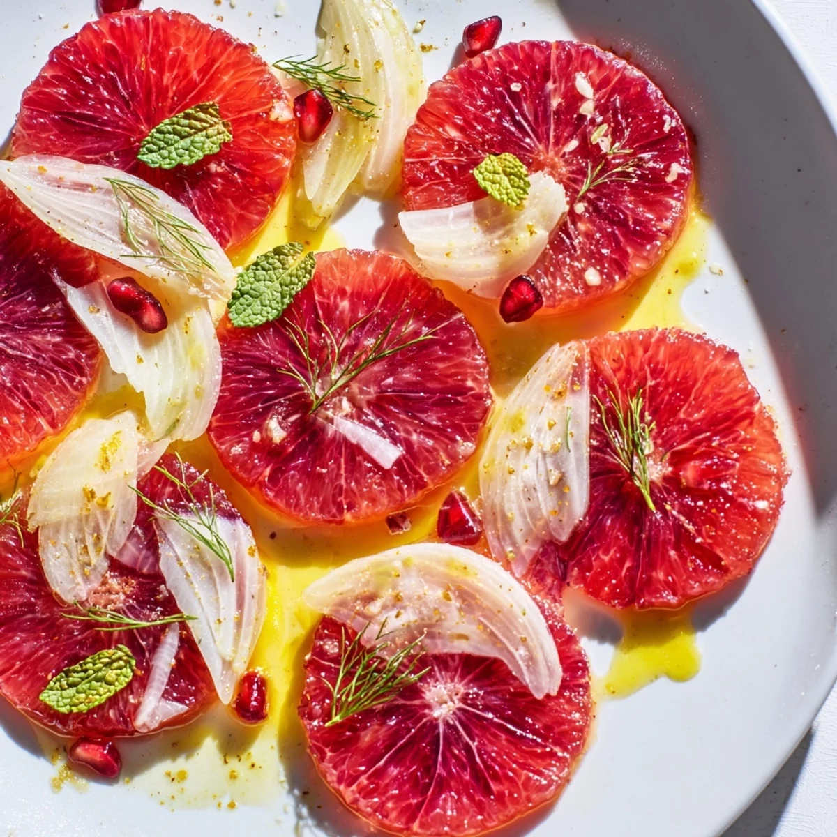 Colorful Winter Citrus Salad with Blood Orange and Fennel featuring glistening citrus rounds, crisp fennel slices, and a light herb garnish.