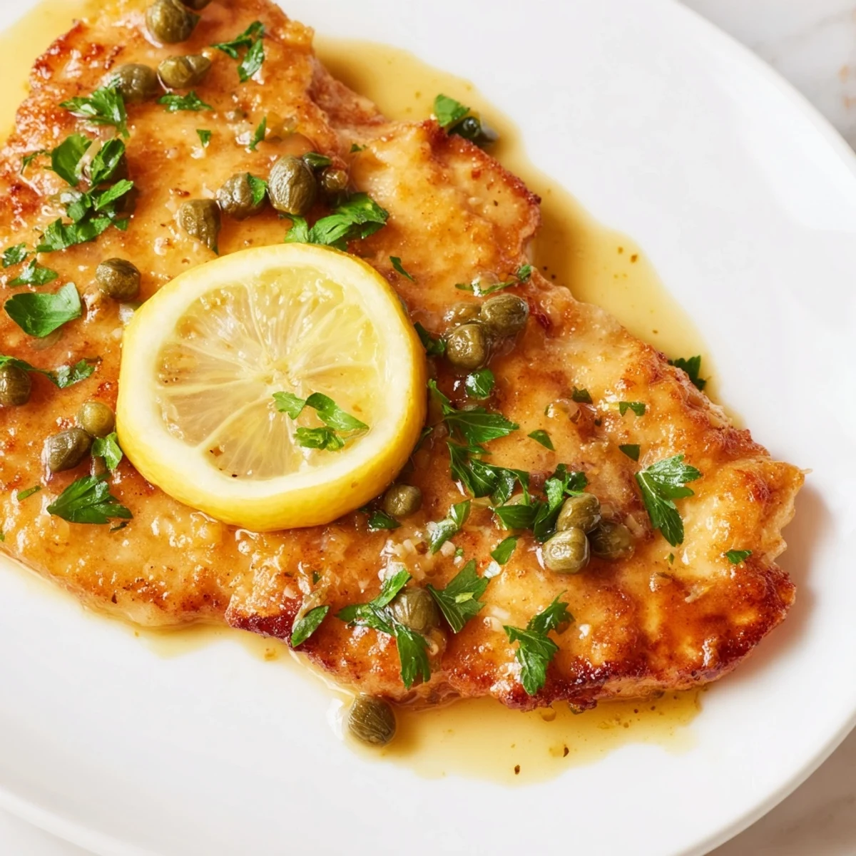 Tender chicken cutlets in Chicken Piccata with Capers and Lemon, served alongside angel hair pasta soaking up the zesty lemon-butter sauce.
