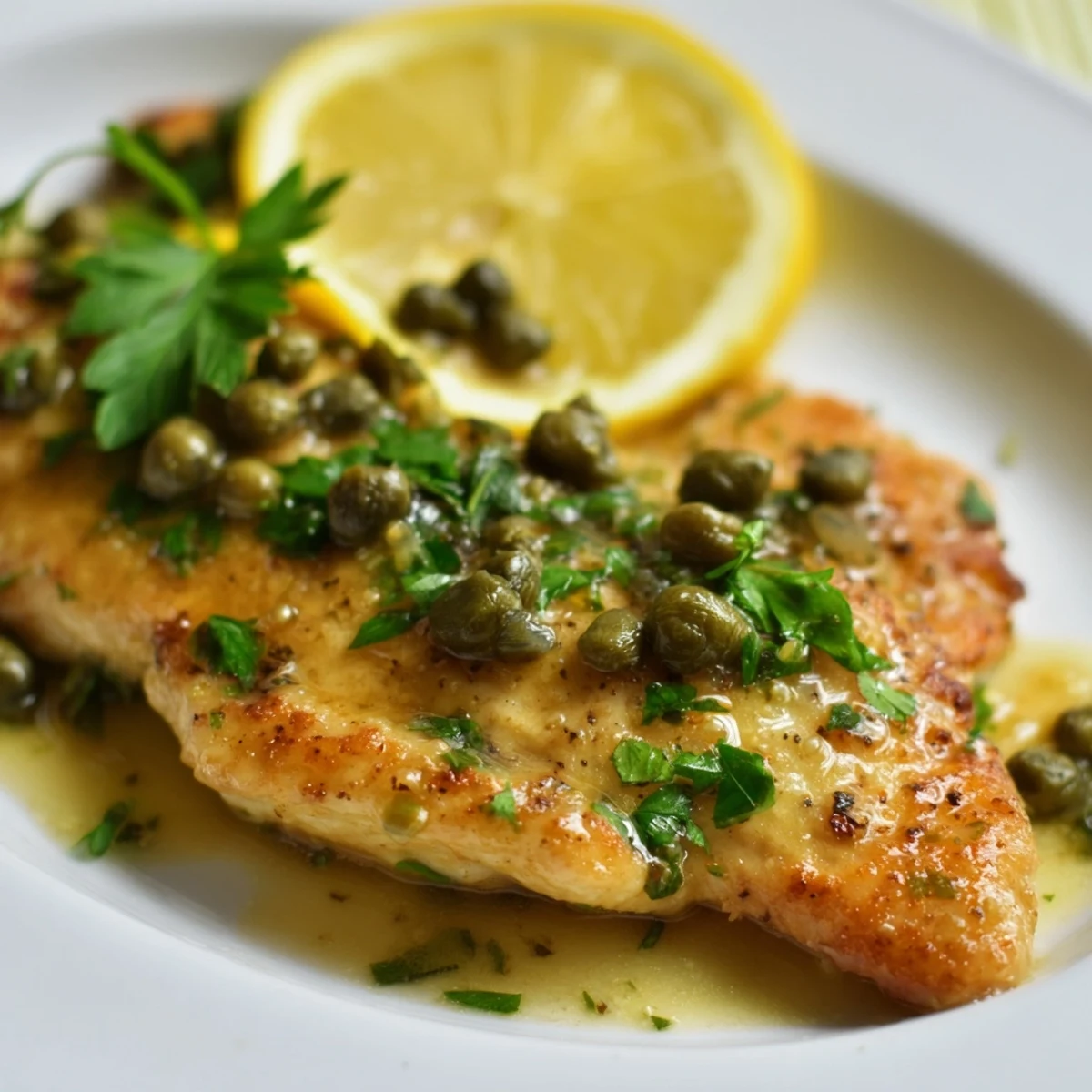 Golden-brown Chicken Piccata with Capers and Lemon rests on a plate, drizzled with a bright, buttery sauce and fresh parsley garnish.