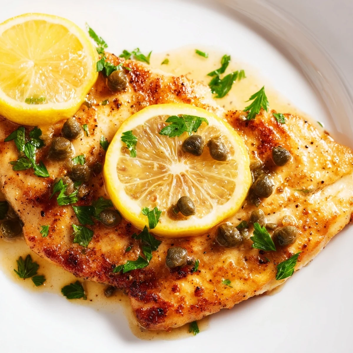 Close-up of Chicken Piccata with Capers and Lemon, showcasing juicy chicken, briny capers, and glistening lemon slices over a creamy sauce.