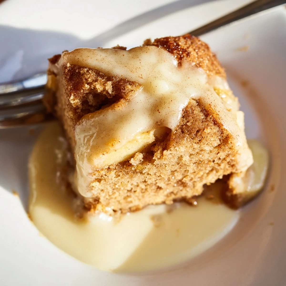 A slice of Irish Apple Cake with Custard Sauce, featuring tender spiced apple cake topped with a velvety vanilla custard drizzle.