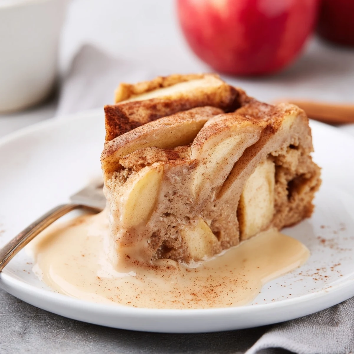 Warm Irish Apple Cake with Custard Sauce on a rustic plate, showcasing golden-brown edges and a generous pour of creamy custard.