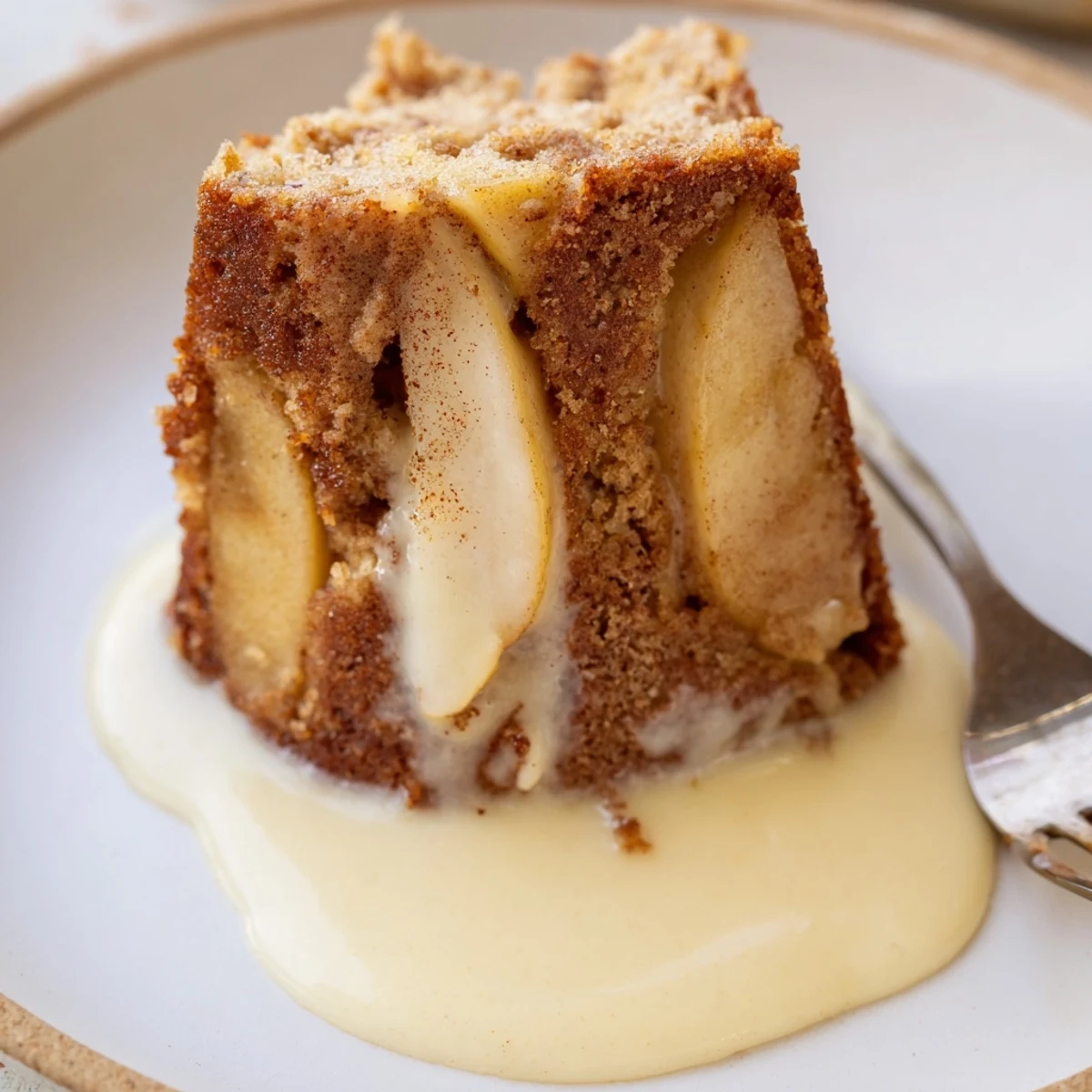 Homemade Irish Apple Cake with Custard Sauce, baked to perfection with tender apple slices in every bite and smooth custard pooling on top.