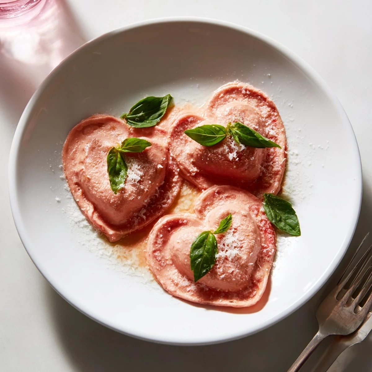 Delicate heart-shaped ravioli filled with creamy ricotta and spinach, resting in a luxurious, velvety pink tomato-cream sauce.