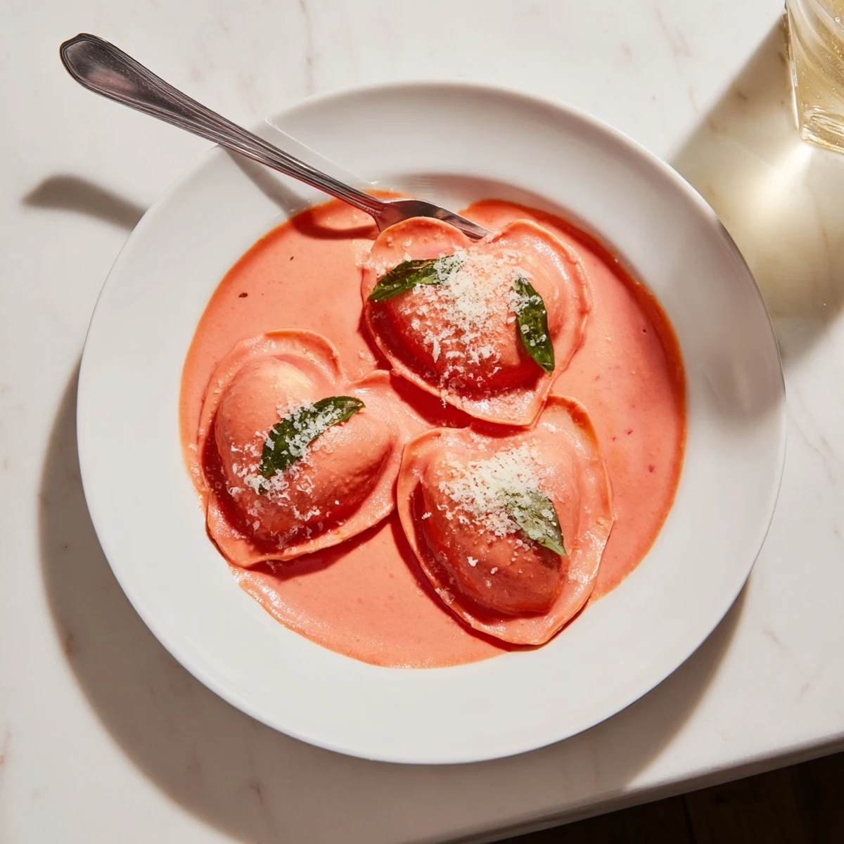 A close-up of handmade Heart Shaped Ravioli with Pink Sauce, garnished with fresh basil and grated Parmesan cheese.