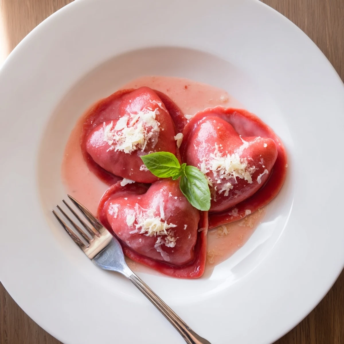 Romantic Heart Shaped Ravioli with Pink Sauce served as a main dish, perfect for a special vegetarian dinner.