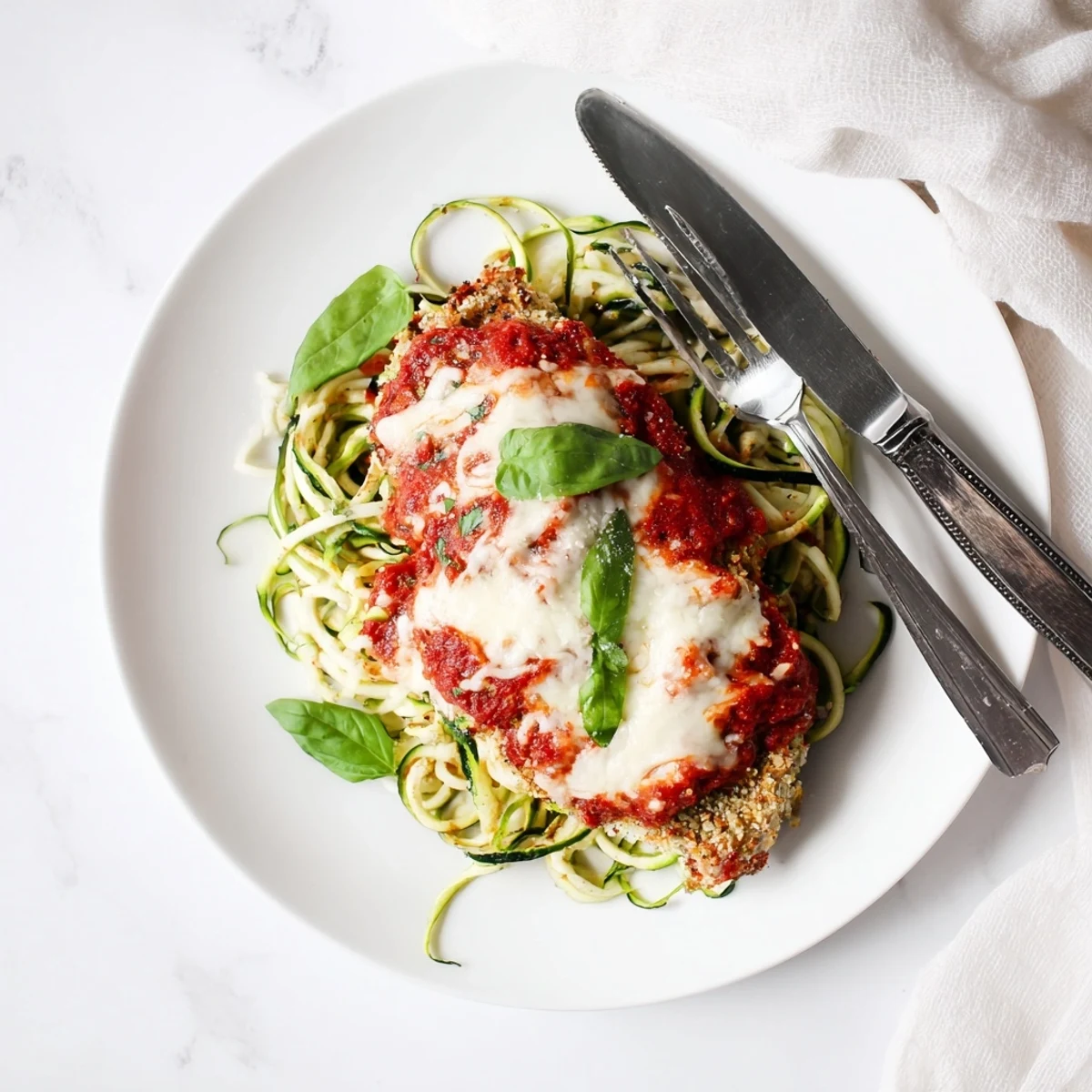 Golden, baked chicken parmesan with melted mozzarella and marinara, served on a bed of fresh, bright green zucchini noodles.
