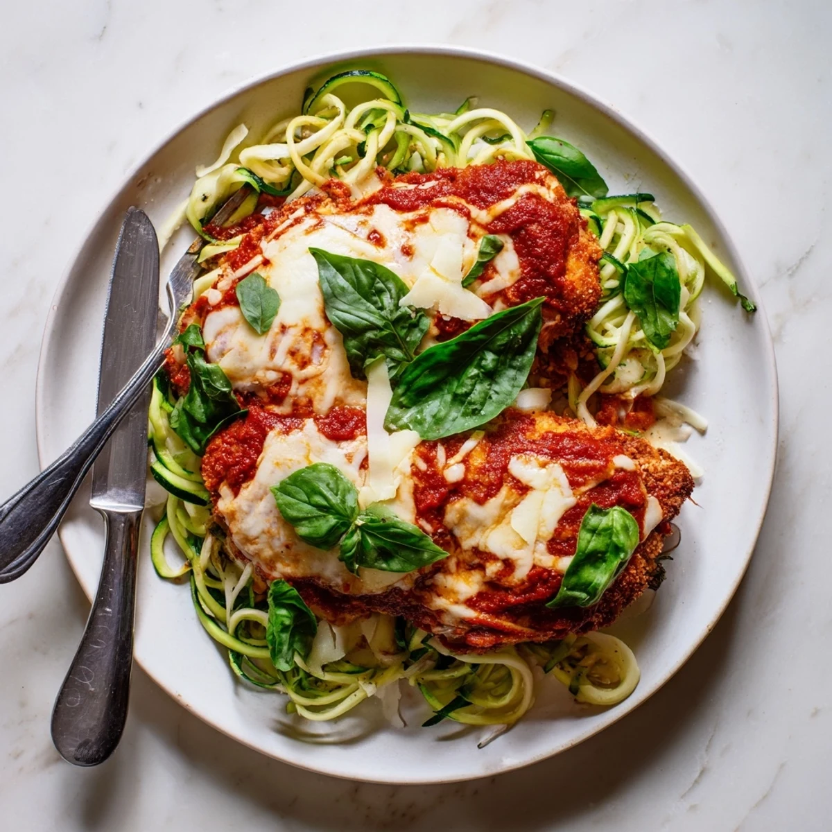 A close-up of tender baked chicken parmesan topped with bubbly cheese and fresh basil, accompanied by sautéed zucchini noodles.