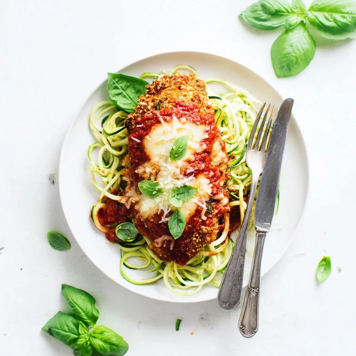 Low-carb baked chicken parmesan with golden, crispy edges and marinara sauce, perfectly paired with light and flavorful zucchini noodles.