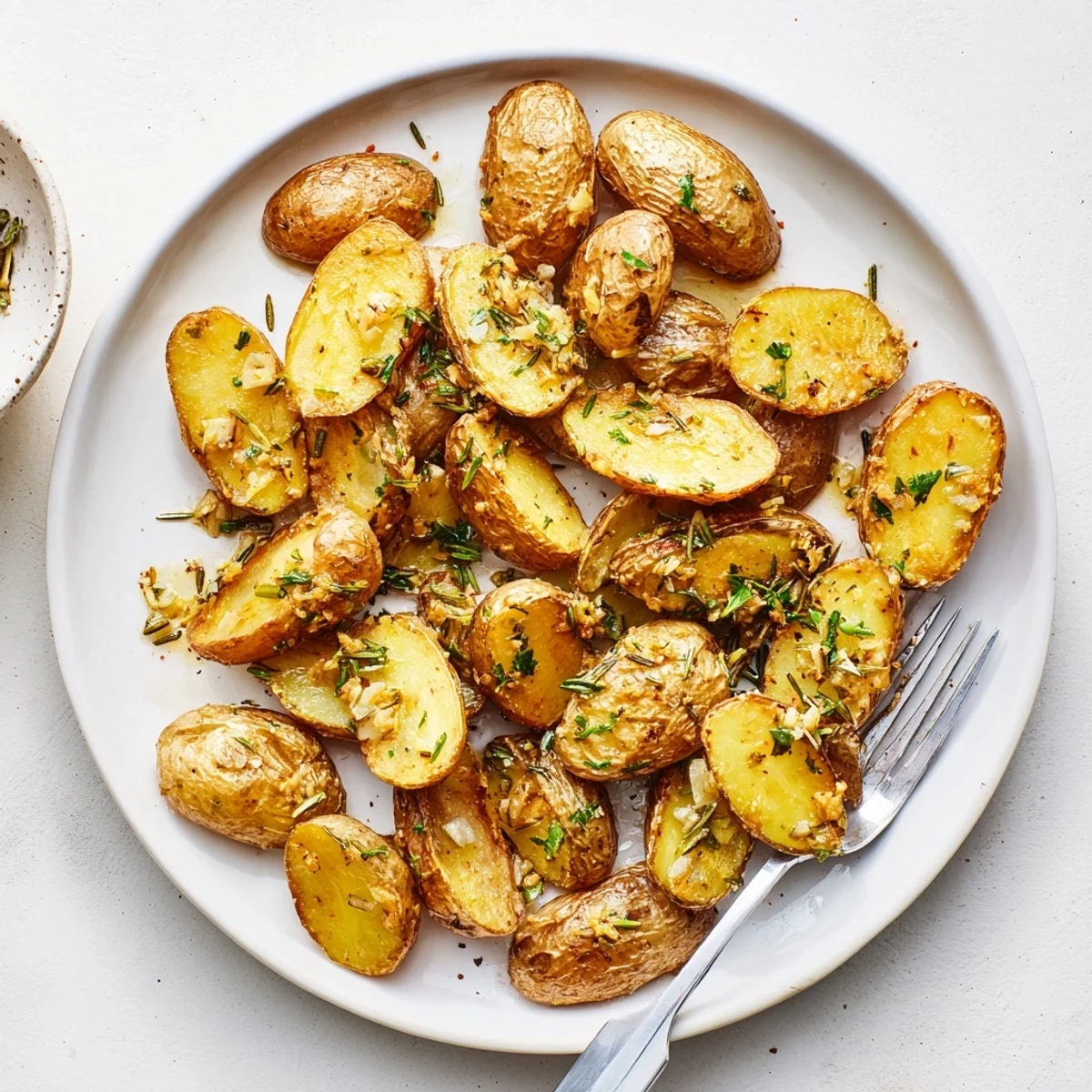 Golden brown fingerling potatoes roasted with garlic, rosemary, and parsley on a baking sheet.  
