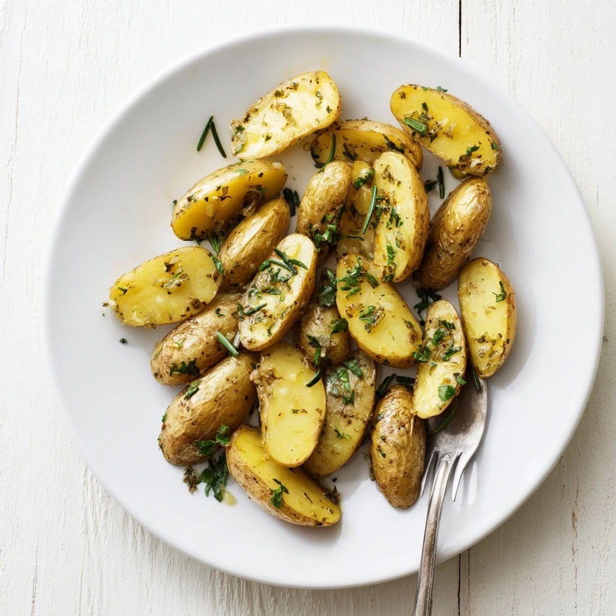 Roasted garlic herb fingerling potatoes served alongside a tender chicken breast for dinner.  