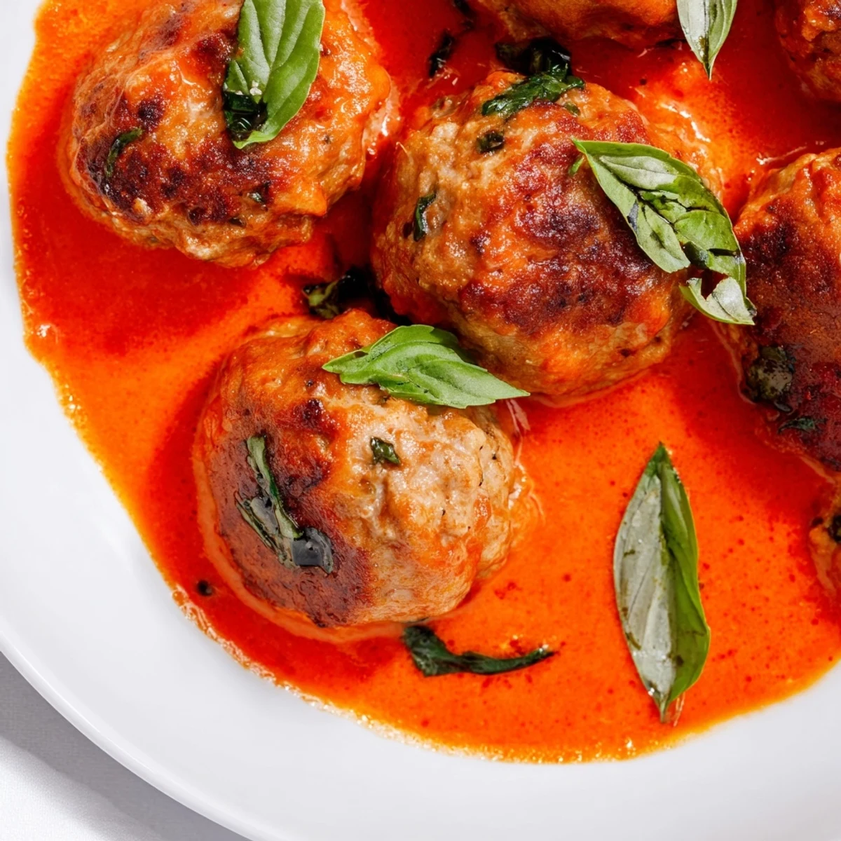 Golden-brown turkey meatballs simmer in a vibrant roasted tomato sauce, garnished with fresh basil on a rustic plate.