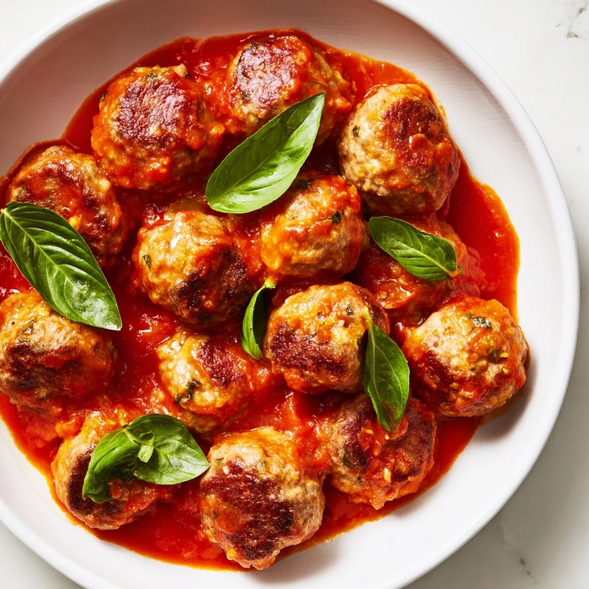 A close-up of tender turkey meatballs coated in a hearty roasted tomato sauce, accompanied by crusty bread for dipping.