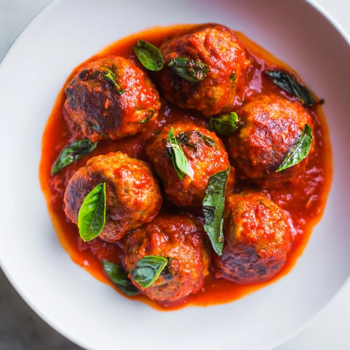 Savory turkey meatballs nestled in rich, garlicky roasted tomato sauce, ready to be served over pasta or zucchini noodles.