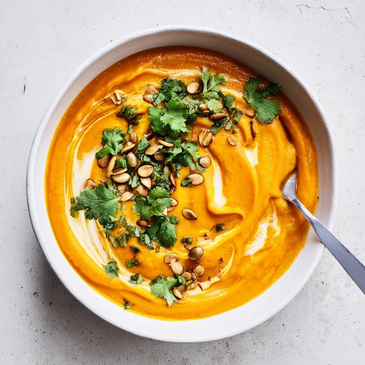 Creamy Roasted Carrot and Ginger Soup in a rustic bowl, garnished with cilantro and toasted pumpkin seeds, steam rising.