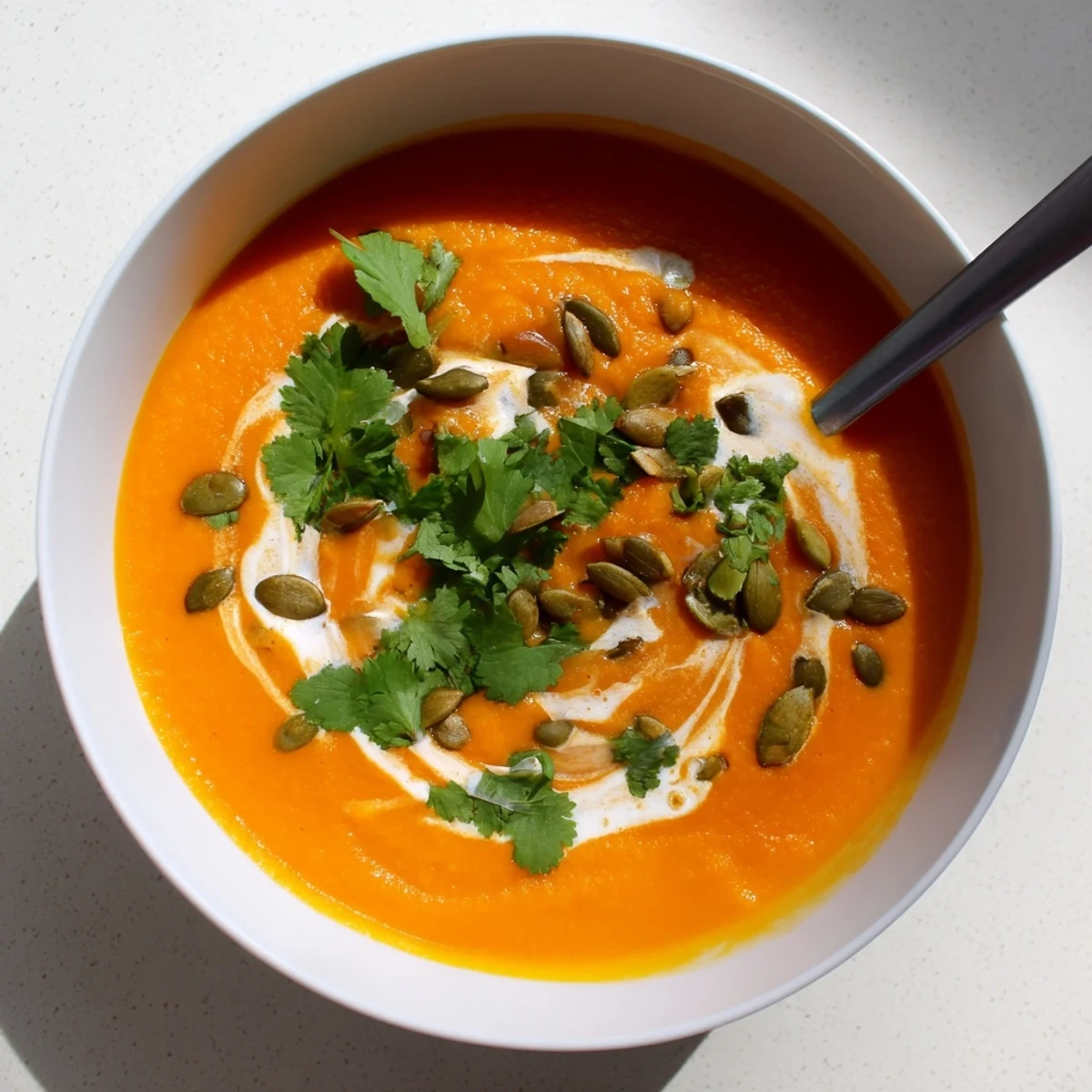 Silky puree of roasted carrots and zesty ginger served in a white ceramic cup, drizzled with coconut milk.