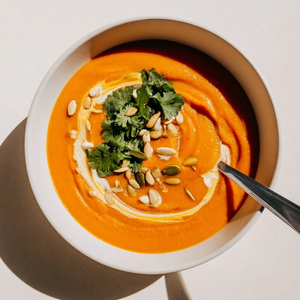 Warm Creamy Roasted Carrot and Ginger Soup beside crusty bread, highlighting vibrant orange color and fresh garnish.