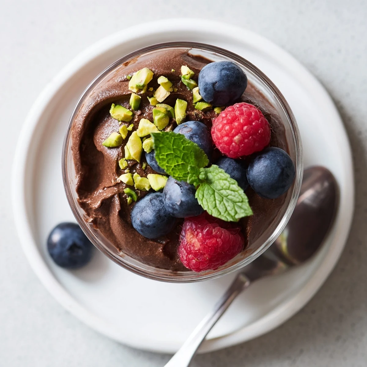Dark Chocolate Avocado Mousse with Berries served in clear glasses, garnished with mint and chopped pistachios.