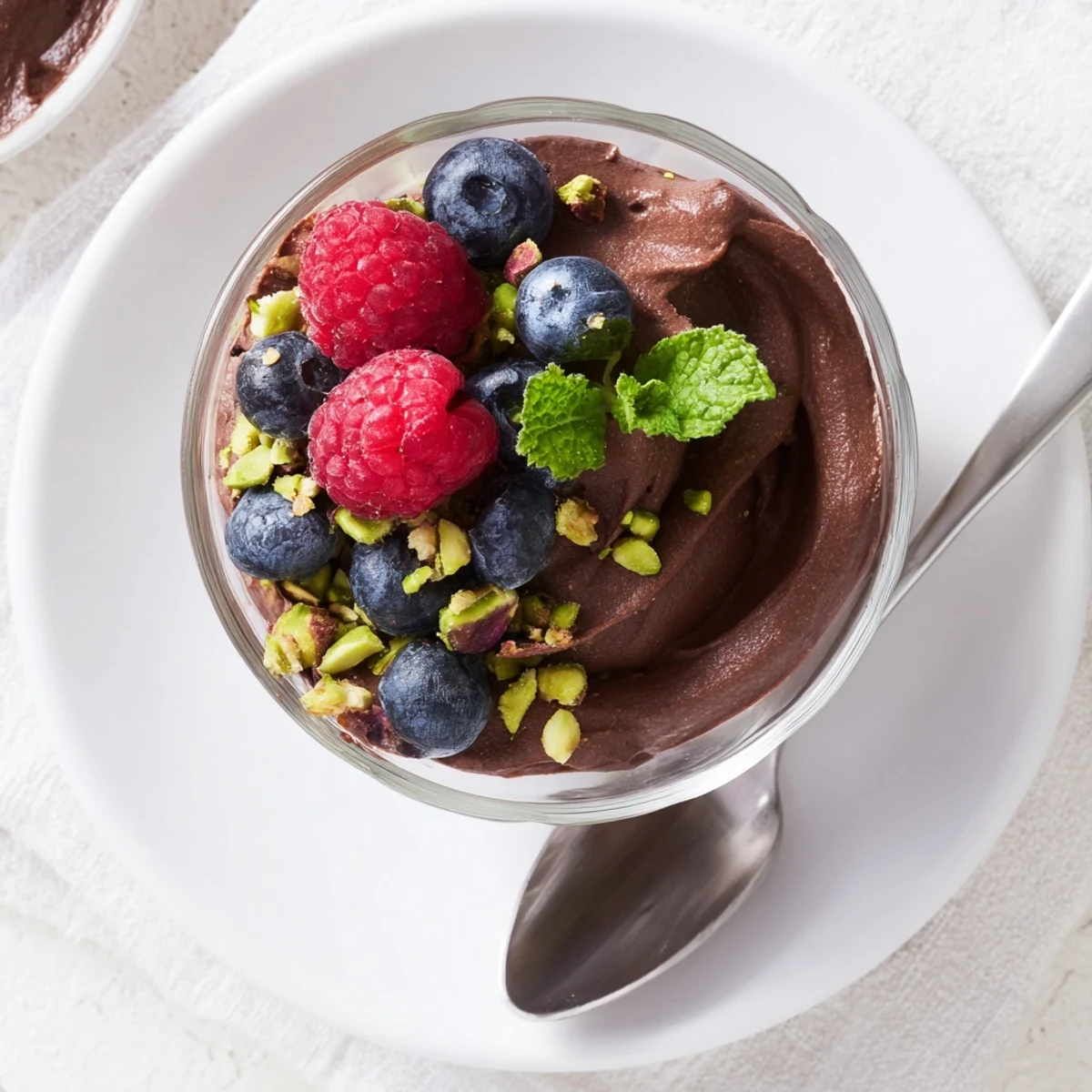 Four servings of rich Dark Chocolate Avocado Mousse with Berries, topped with vibrant mixed fresh berries.
