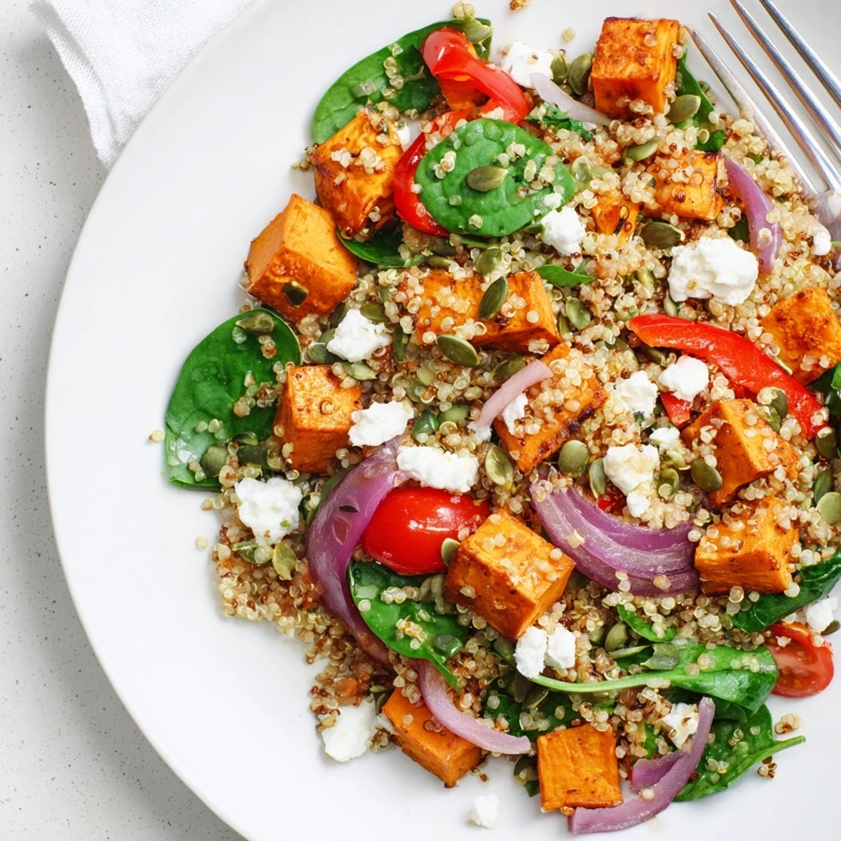 Vibrant bowl of Warm Quinoa Salad with Roasted Sweet Potato, featuring cherry tomatoes, bell pepper, and herbs in golden light.