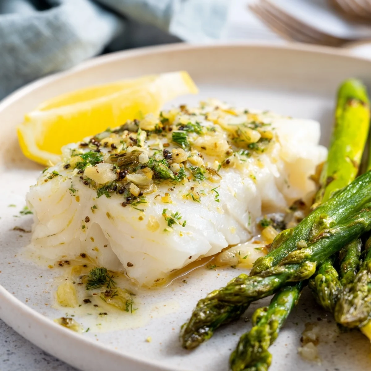 Golden-brown Sheet Pan Lemon Herb Cod and Asparagus fillets roasted to perfection with bright lemon slices and fresh herbs, served hot.