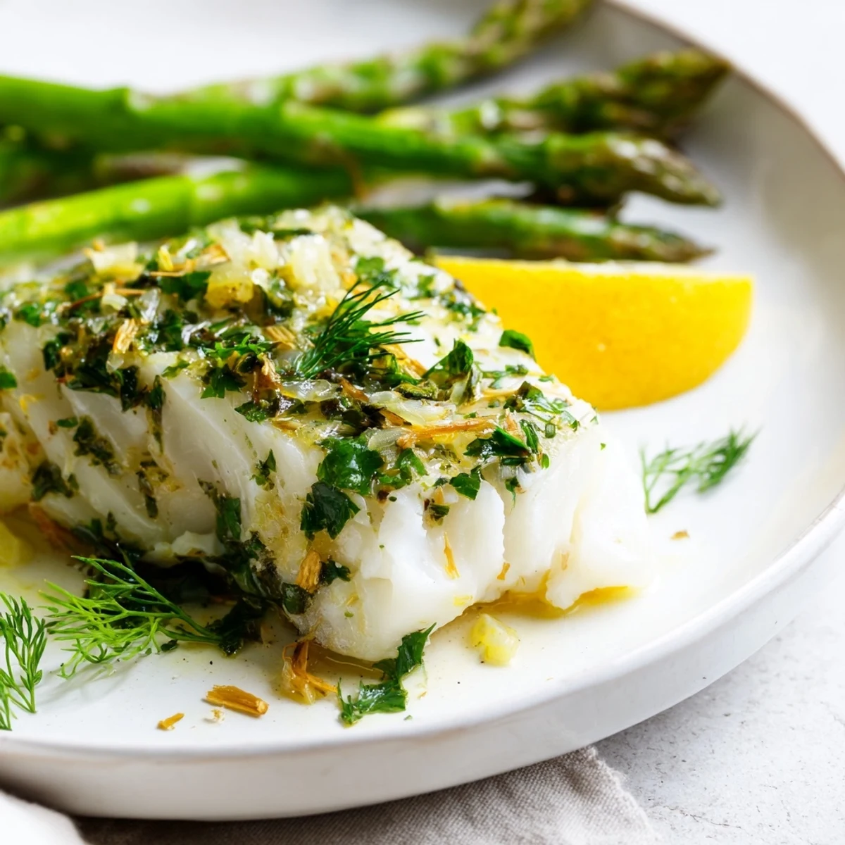 Flaky cod and tender asparagus coated in a vibrant lemon herb marinade, arranged on a baking sheet ready for the oven.
