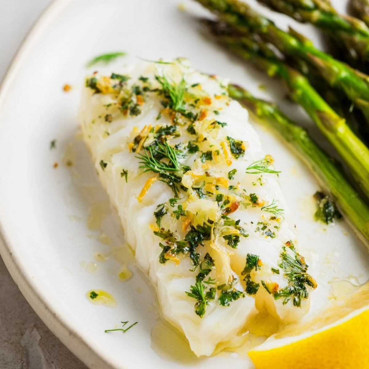 A plated serving of Sheet Pan Lemon Herb Cod and Asparagus, garnished with parsley and lemon wedges alongside a simple quinoa side.