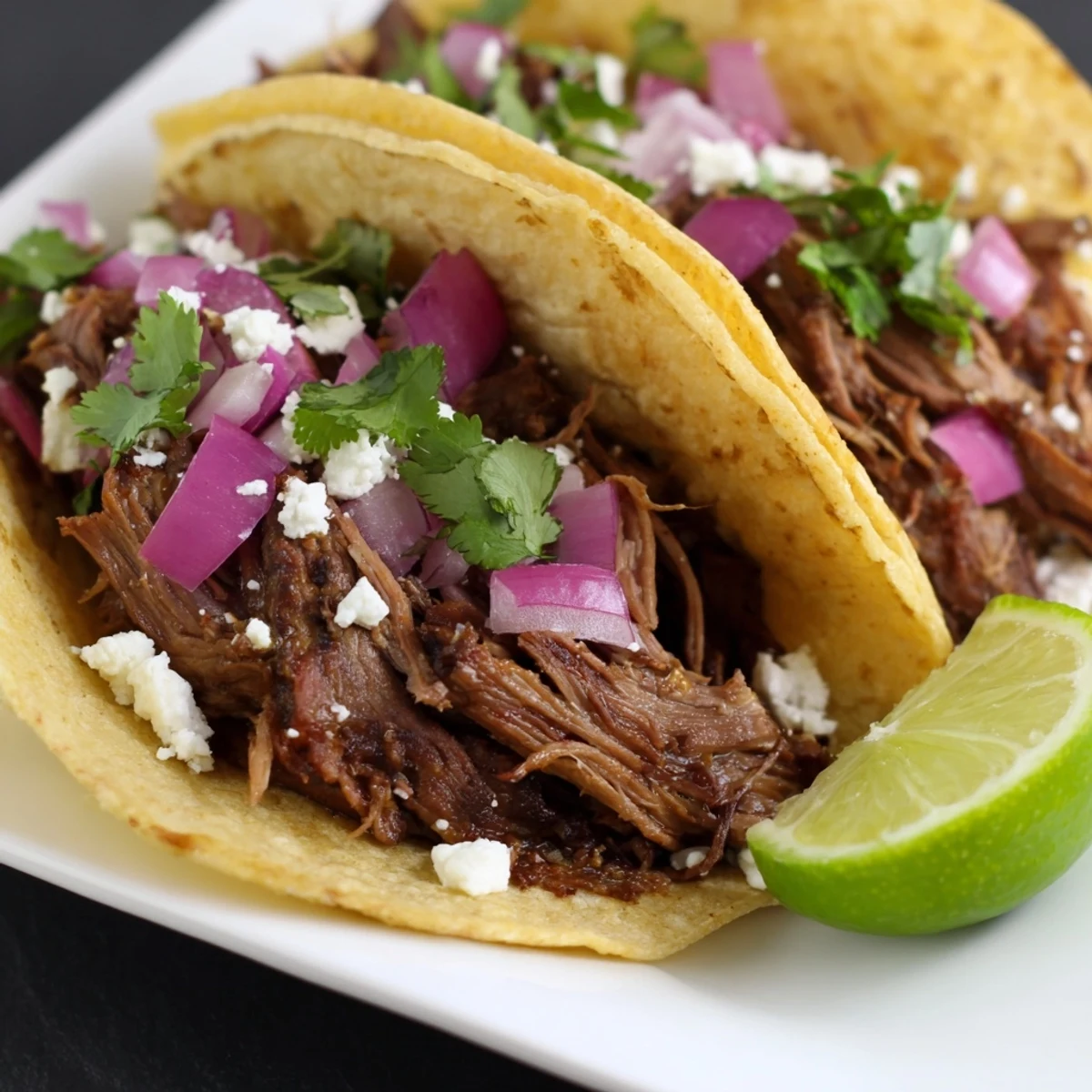 Freshly shredded beef in warm corn tortillas, topped with red onion and cilantro, ready for a flavorful taco night.  