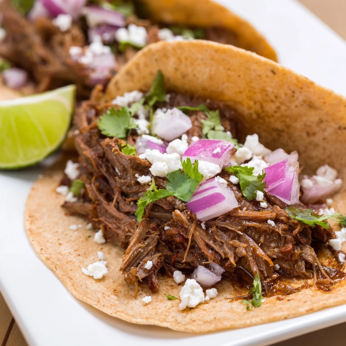A hearty serving of Slow Cooker Shredded Beef Tacos with lime, cheese, and salsa on a rustic plate.