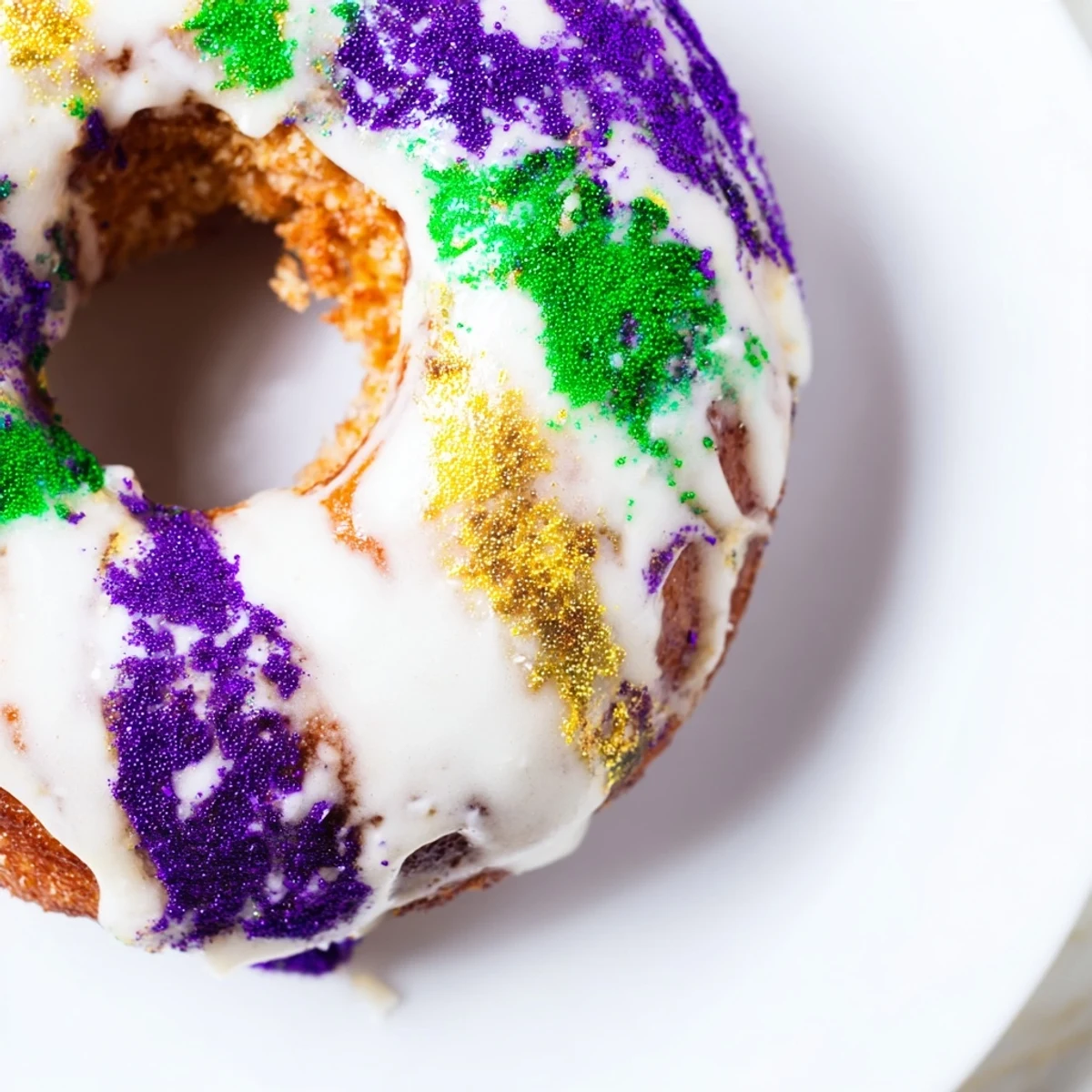 A close-up of warm Mardi Gras King Cake Donuts shows their soft, pillowy texture and festive colored sprinkles.  