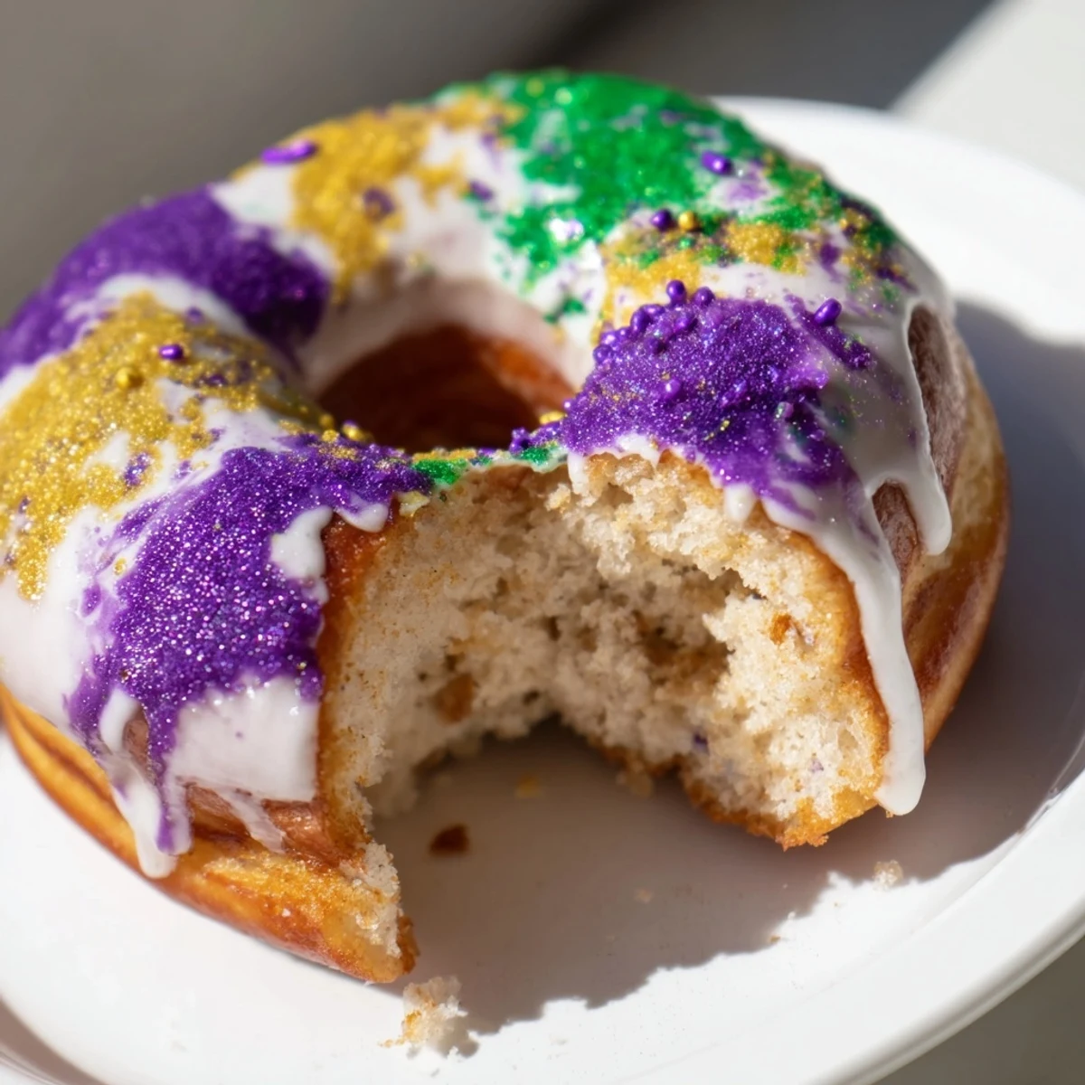 Freshly baked Mardi Gras King Cake Donuts are drizzled with white icing and dusted with purple, green, and gold sugars.  