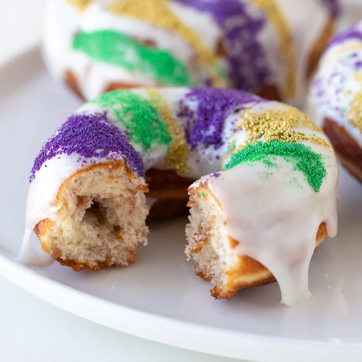 Golden Mardi Gras King Cake Donuts sit on a wire rack, ready to be iced for a New Orleans celebration.