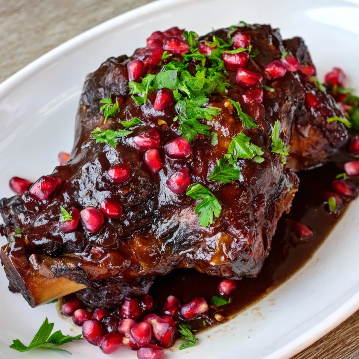 Hearty Braised Lamb Shanks with Pomegranate Glaze, slow-cooked until tender and served over a bed of creamy mashed potatoes.